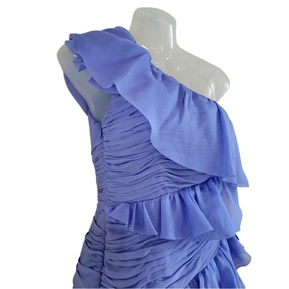 Marchesa Notte Ruffle Pleated One Shoulder Dress Blue Silk Organza Gown Size 4 - Picture 3 of 10
